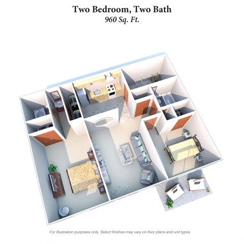 Floor plan for 2 beds, 2 baths, 960 sqft